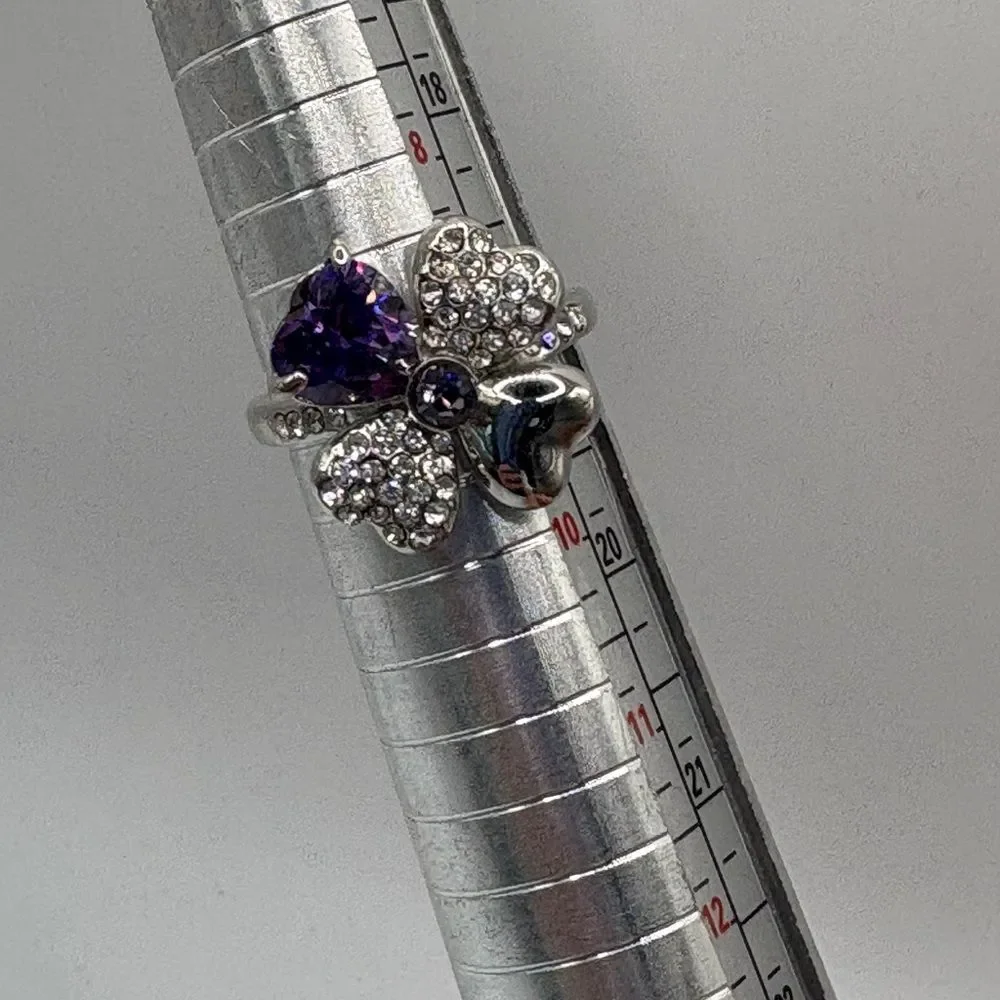 Silver and Purple Heart Clover Ring 9